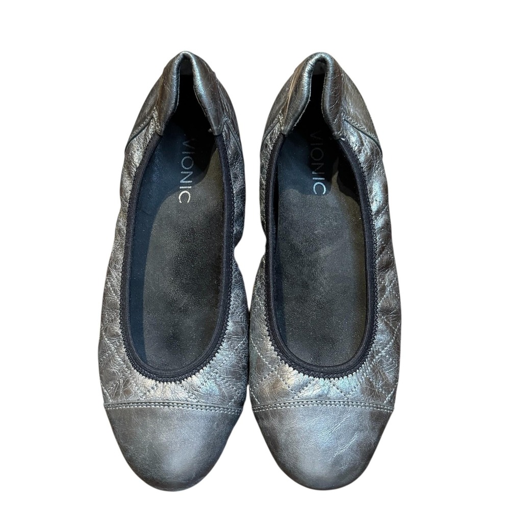 Vionic Shoes Womens Size 8 Silver Leather Ballet Flats Quilted Comfort Slip On